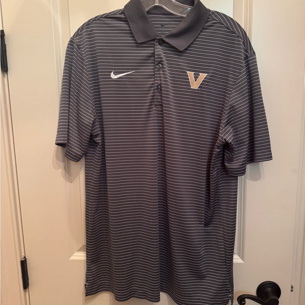 Nike Men's Grey and White Striped Polo Shirt with Vanderbilt logo